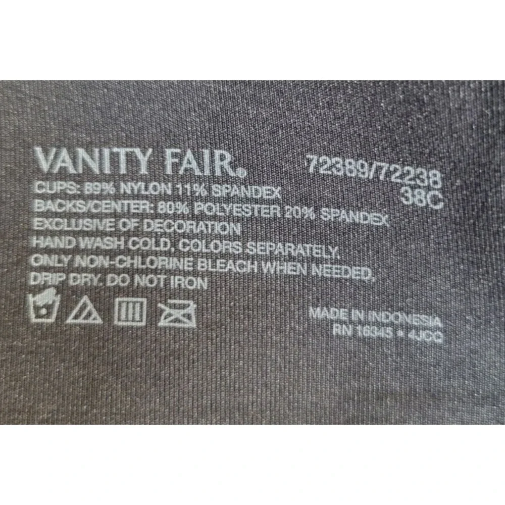 Vanity Fair Wireless Bra Full Coverage Comfort Striped Black Womens Size 38C‎